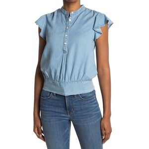Frame Denim Rowan Smocked Flounce Linen Blend Chambray Top - L